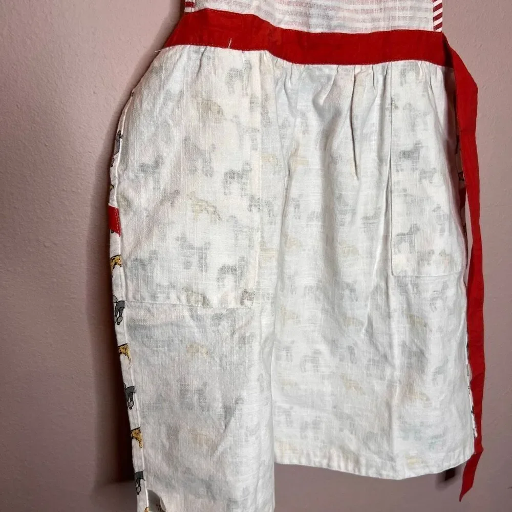 Red White Striped Apron Bib Dog Neck Waist Tie Vintage 100% Cotton Poodle Husky